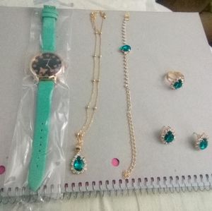 Women's Butterfly Green Watch Luxury Rhinestone Gold Plated Quartz Jewelry Set